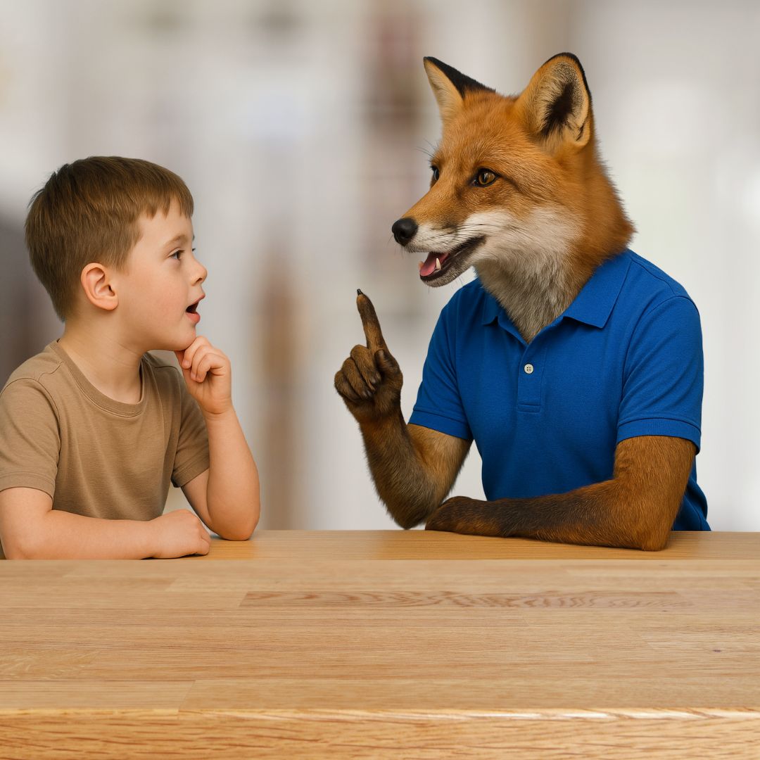 Anthropomorphic fox in a blue polo shirt conducting a speech therapy session with a young boy at a wooden table.