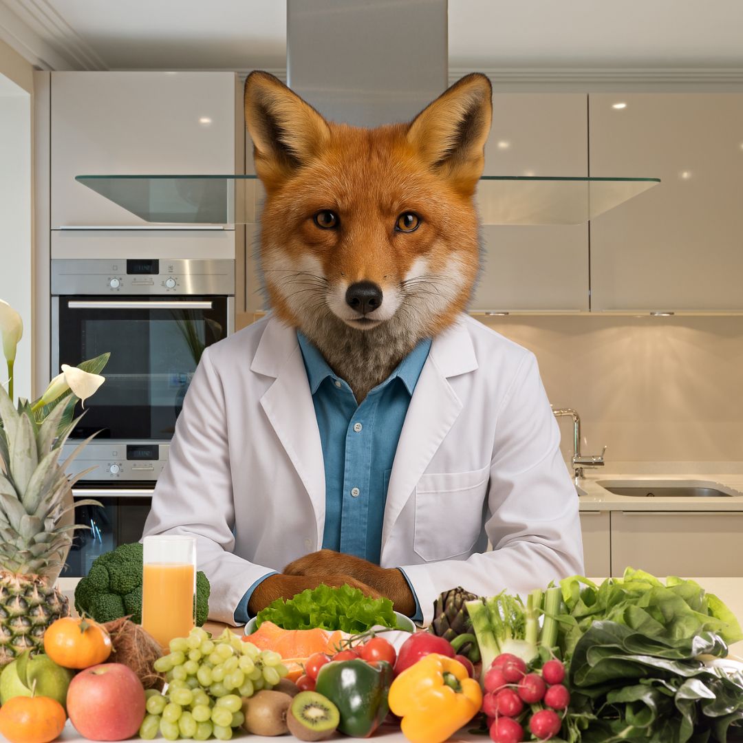 Surreal image of an anthropomorphic fox wearing a white lab coat sitting behind a table filled with fresh fruits and vegetables.