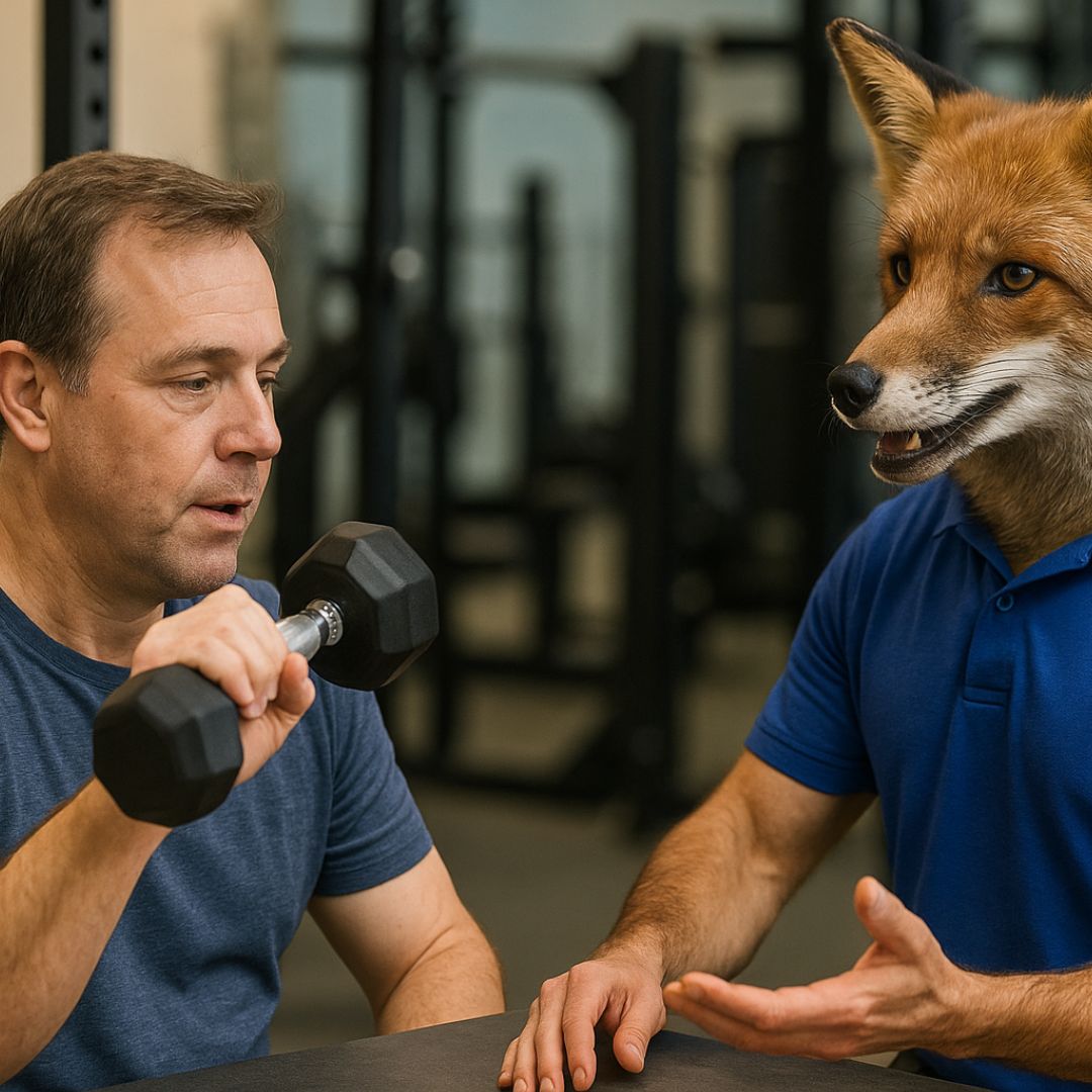 Surreal image of a man lifting a dumbbell in a gym while an anthropomorphic fox in a blue polo shirt acts as his personal trainer.