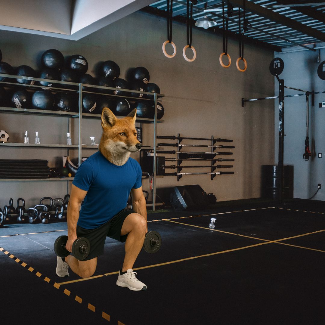 Anthropomorphic fox wearing athletic gear performing a weighted lunge with dumbbells in a professional gym setting.