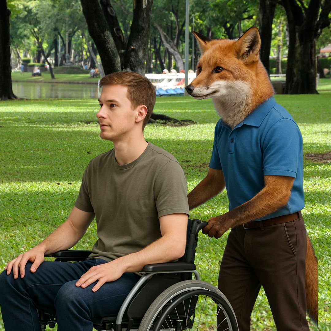 Anthropomorphic fox in a blue polo shirt pushing a young man in a wheelchair through a grassy park.